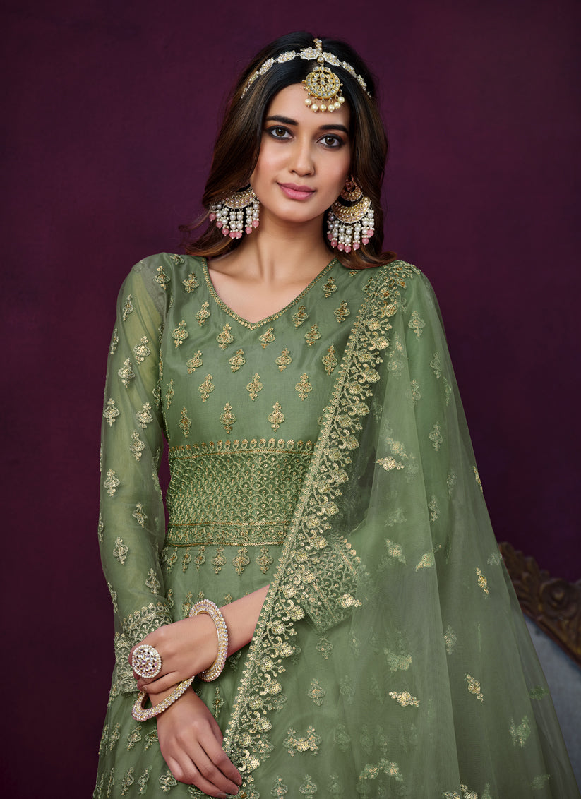 Sage Green Net Embroidered Anarkali Dress