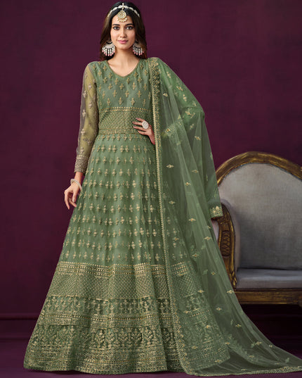 Sage Green Net Embroidered Anarkali Dress