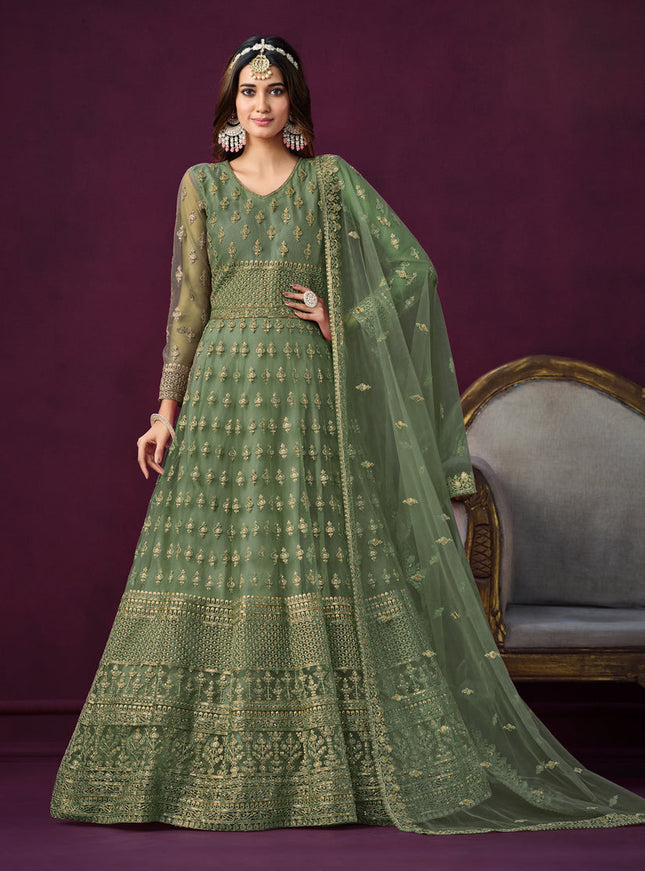 Sage Green Net Embroidered Anarkali Dress