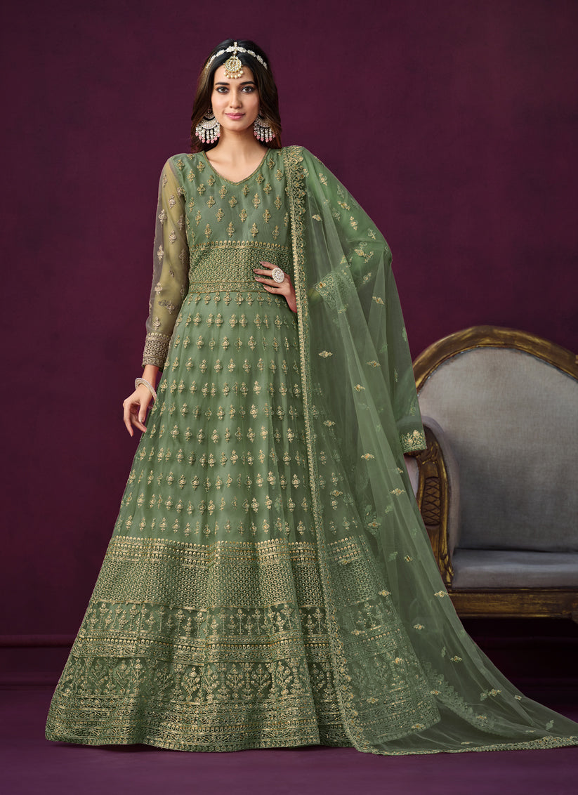 Sage Green Net Embroidered Anarkali Dress
