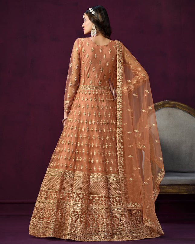 Salmon Orange Net Embroidered Anarkali Dress