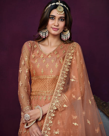 Salmon Orange Net Embroidered Anarkali Dress