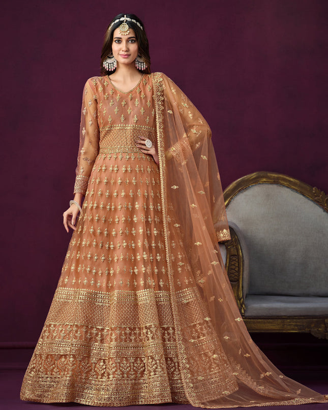 Salmon Orange Net Embroidered Anarkali Dress