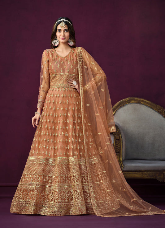 Salmon Orange Net Embroidered Anarkali Dress