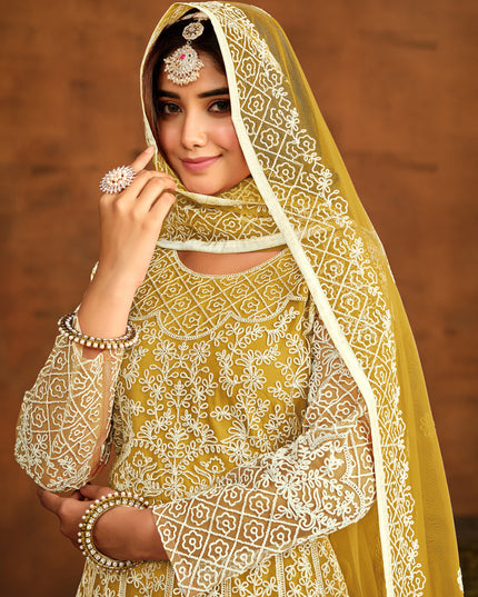 Maize Yellow Net Embroidered Anarkali Dress