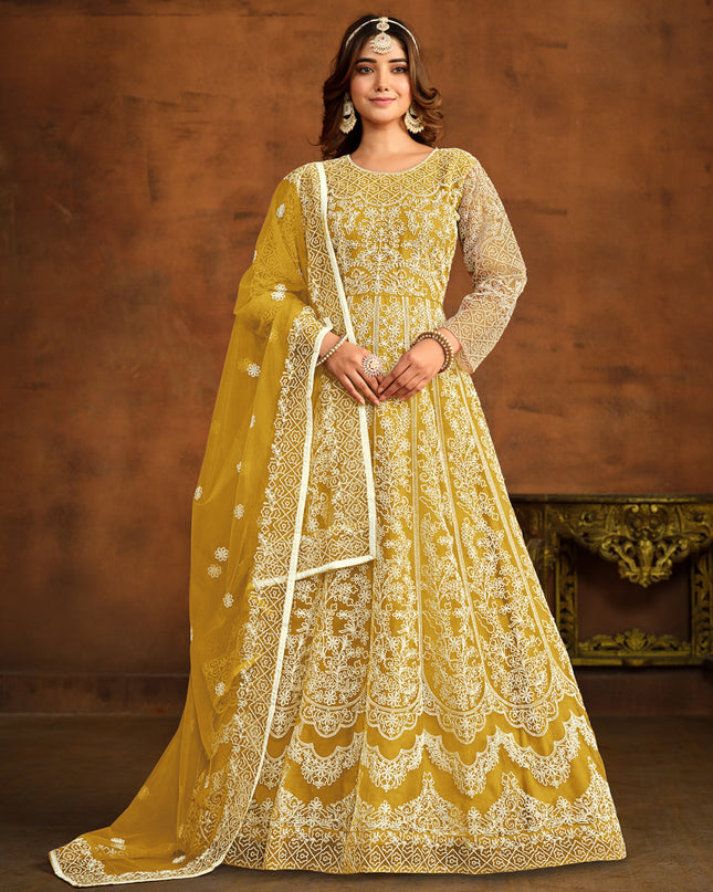 Maize Yellow Net Embroidered Anarkali Dress