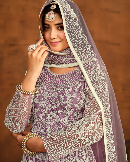 Mauve Net Embroidered Anarkali Dress