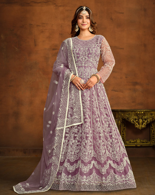 Mauve Net Embroidered Anarkali Dress