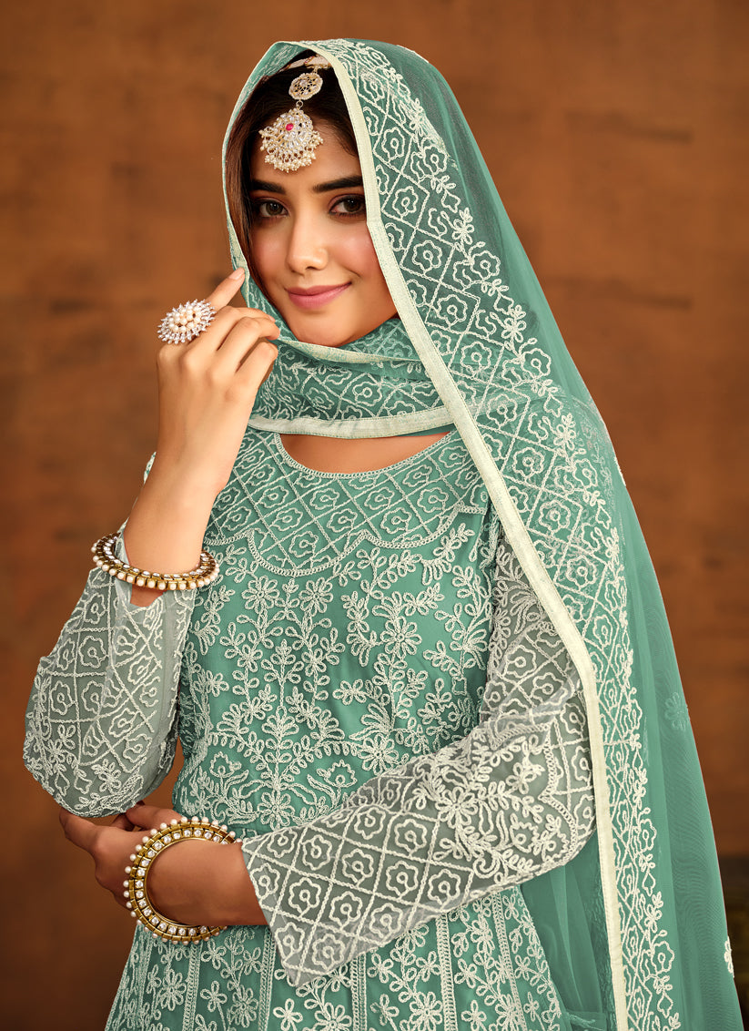 Mint Net Embroidered Anarkali Dress