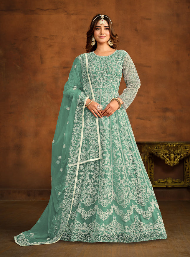 Mint Net Embroidered Anarkali Dress