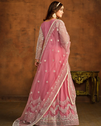 Carnation Pink Net Embroidered Anarkali Dress