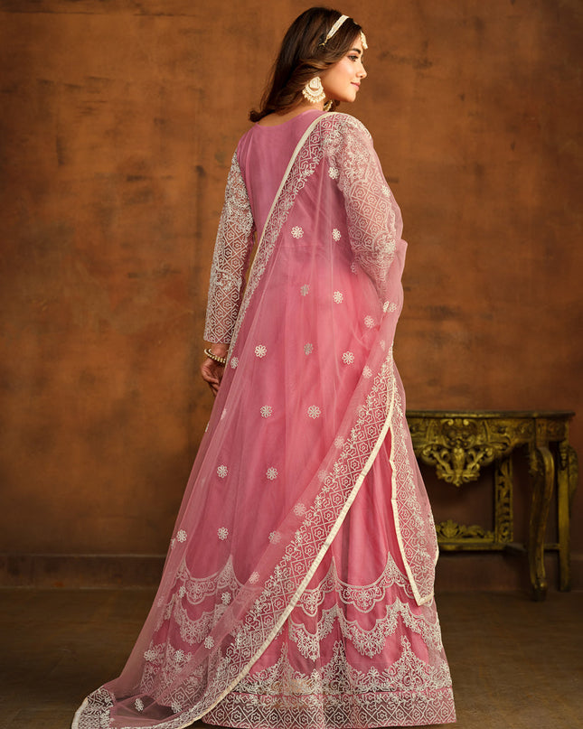 Carnation Pink Net Embroidered Anarkali Dress