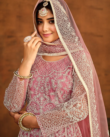 Carnation Pink Net Embroidered Anarkali Dress
