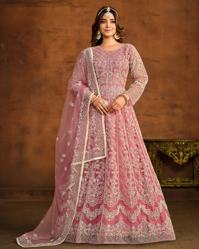 Carnation Pink Net Embroidered Anarkali Dress
