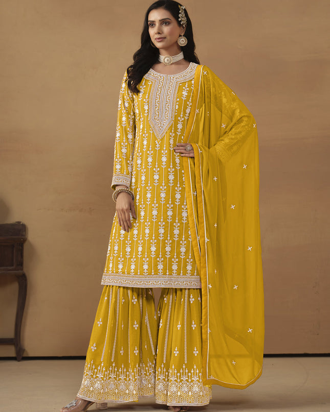 Mustard Faux Georgette Embroidered Sharara Kameez