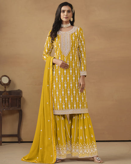 Mustard Faux Georgette Embroidered Sharara Kameez
