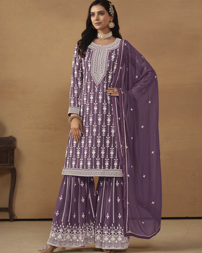 Amethyst Faux Georgette Embroidered Sharara Kameez