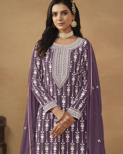 Amethyst Faux Georgette Embroidered Sharara Kameez