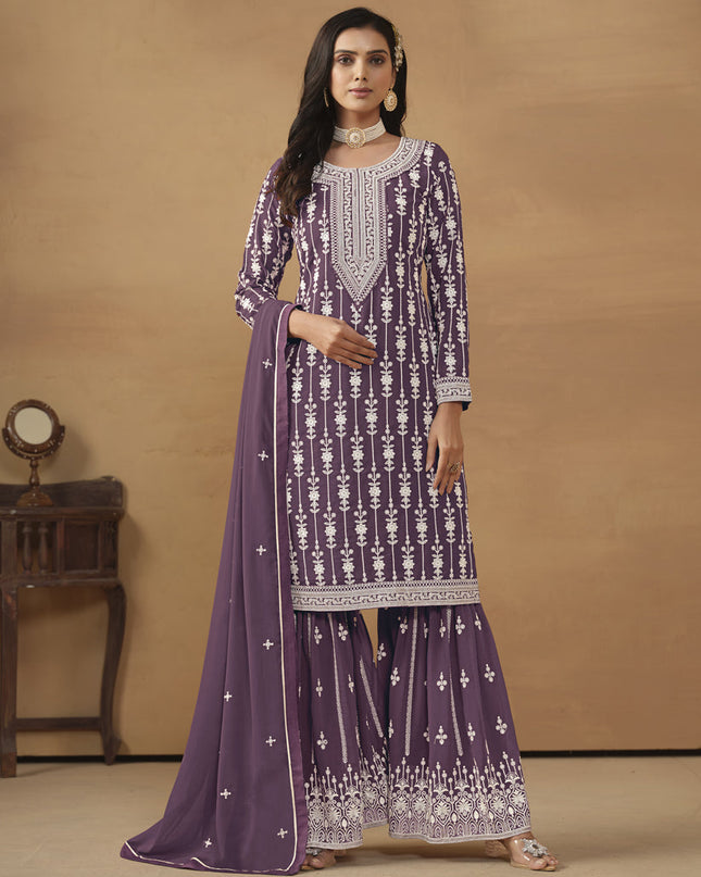 Amethyst Faux Georgette Embroidered Sharara Kameez