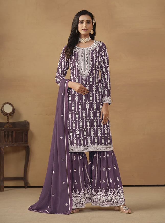 Amethyst Faux Georgette Embroidered Sharara Kameez