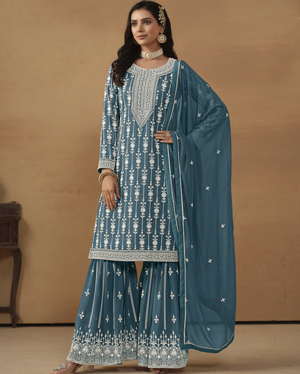 Teal Blue Faux Georgette Embroidered Sharara Kameez