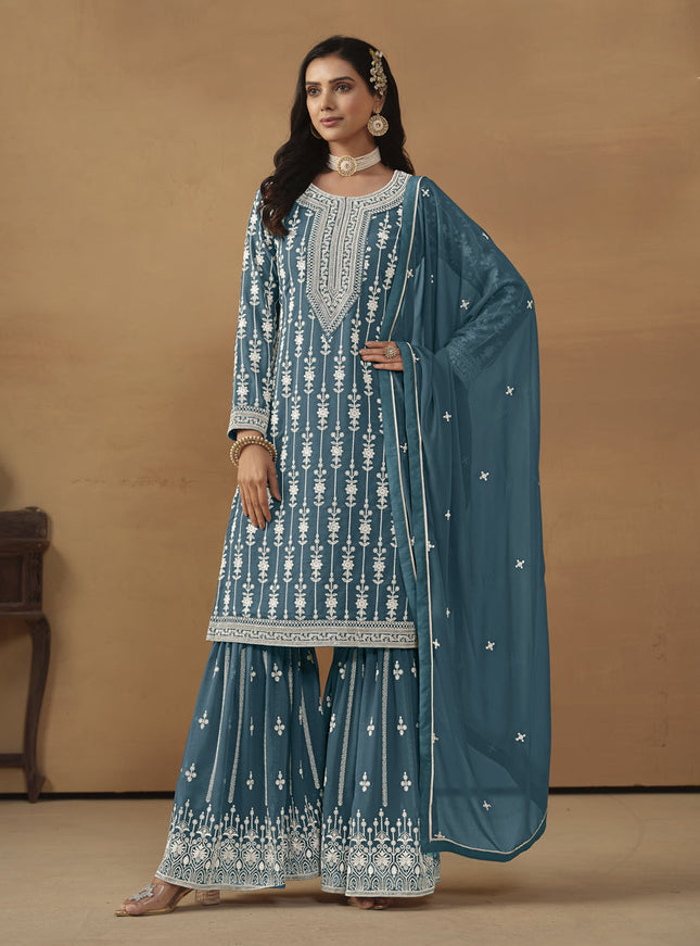 Teal Blue Faux Georgette Embroidered Sharara Kameez