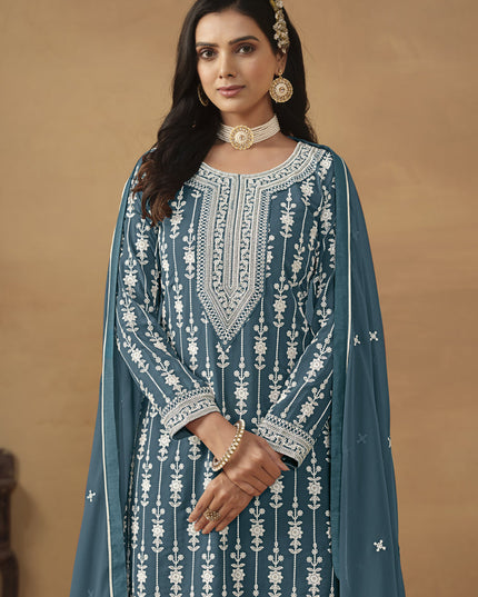 Teal Blue Faux Georgette Embroidered Sharara Kameez