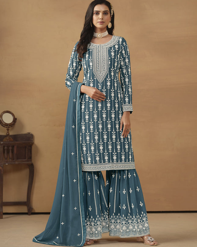 Teal Blue Faux Georgette Embroidered Sharara Kameez