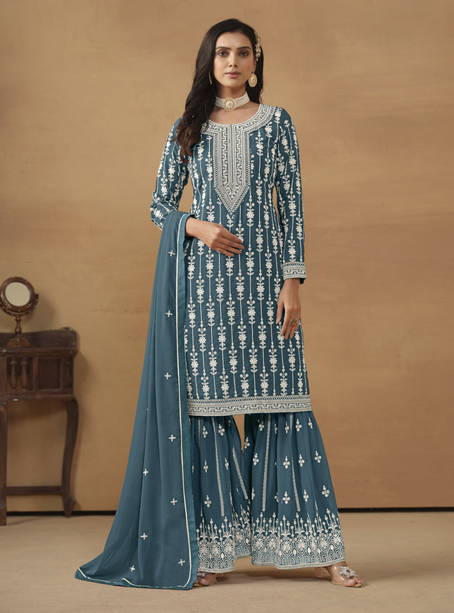 Teal Blue Faux Georgette Embroidered Sharara Kameez