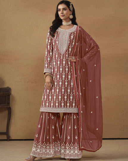 Rose Taupe Faux Georgette Embroidered Sharara Kameez