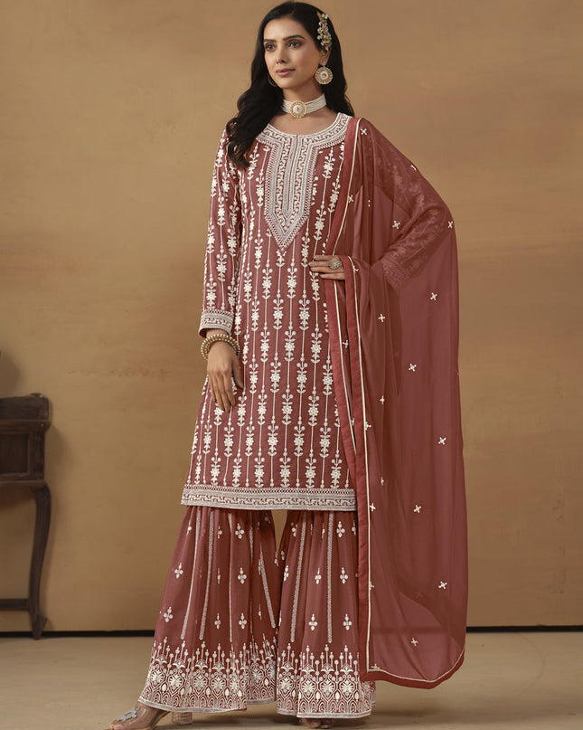 Rose Taupe Faux Georgette Embroidered Sharara Kameez