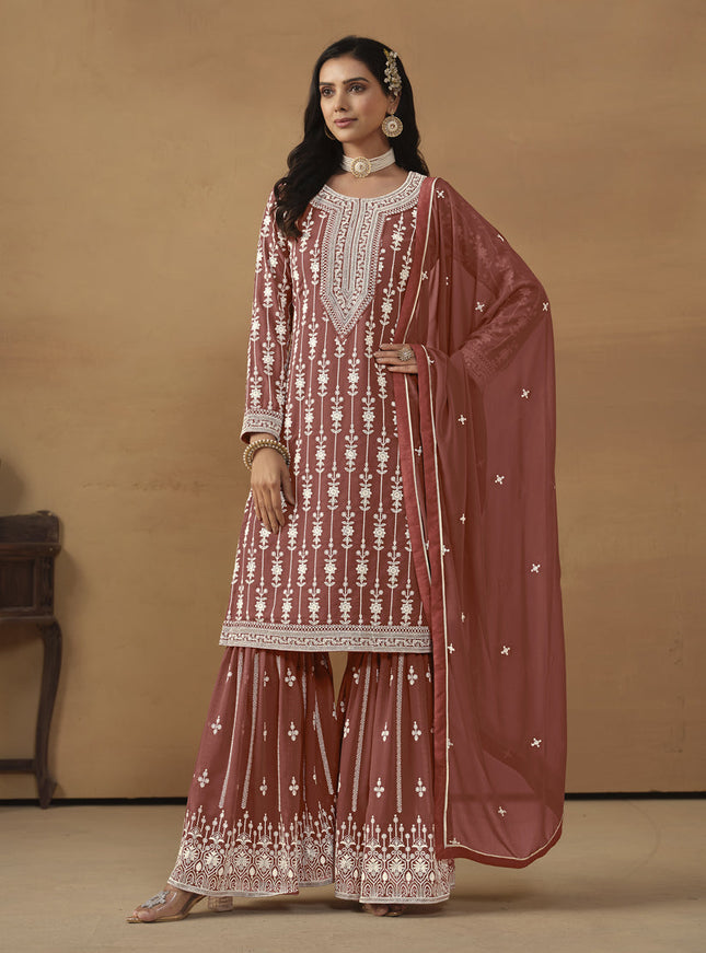 Rose Taupe Faux Georgette Embroidered Sharara Kameez