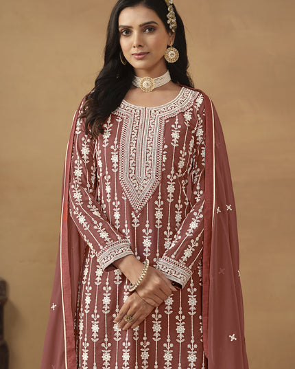 Rose Taupe Faux Georgette Embroidered Sharara Kameez