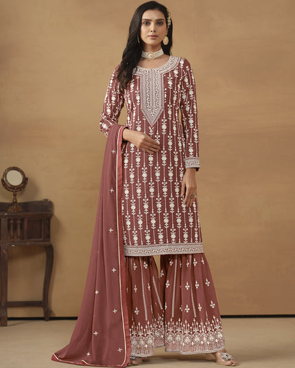 Rose Taupe Faux Georgette Embroidered Sharara Kameez