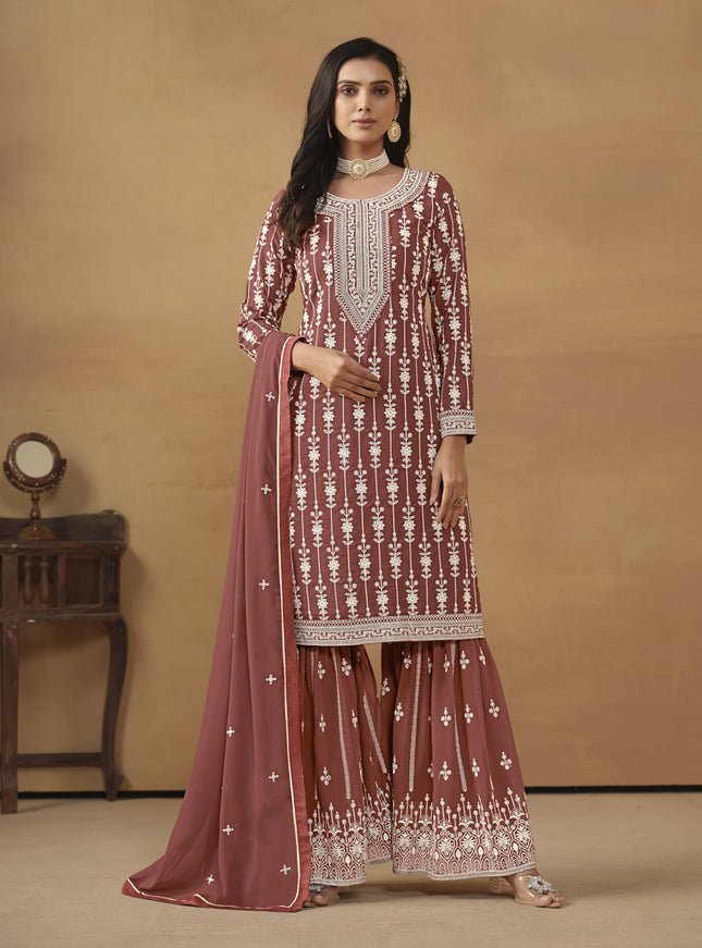 Rose Taupe Faux Georgette Embroidered Sharara Kameez