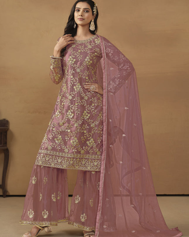 Old Rose Net Embroidered Sharara Kameez Suit