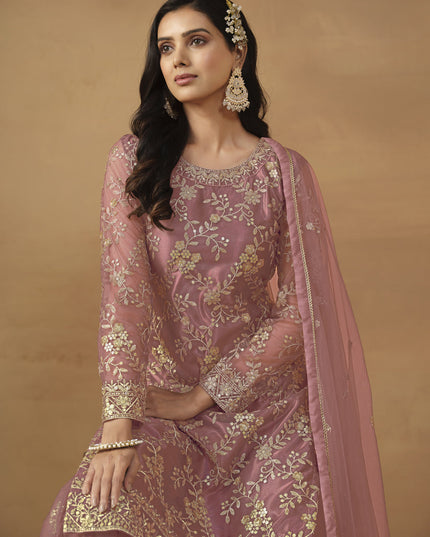 Old Rose Net Embroidered Sharara Kameez Suit