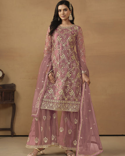 Old Rose Net Embroidered Sharara Kameez Suit