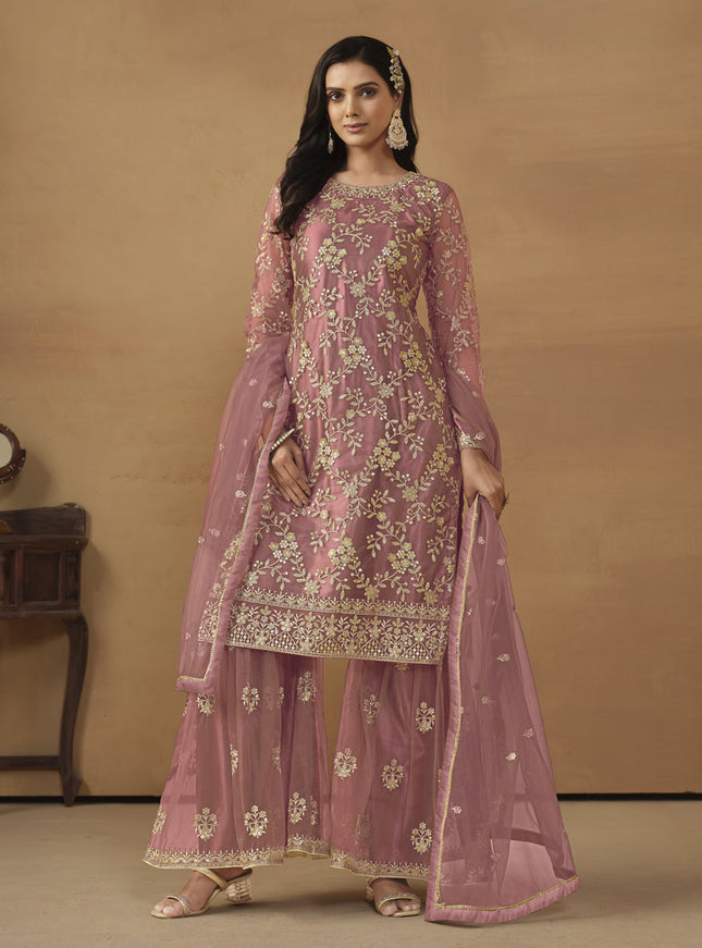 Old Rose Net Embroidered Sharara Kameez Suit