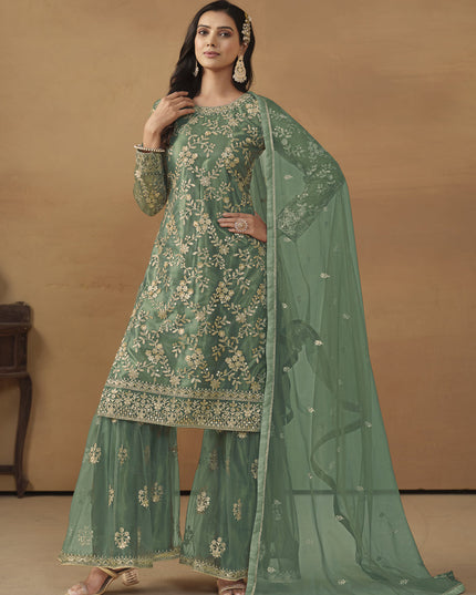 Sea Green Net Embroidered Sharara Kameez Suit