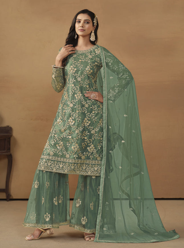 Sea Green Net Embroidered Sharara Kameez Suit