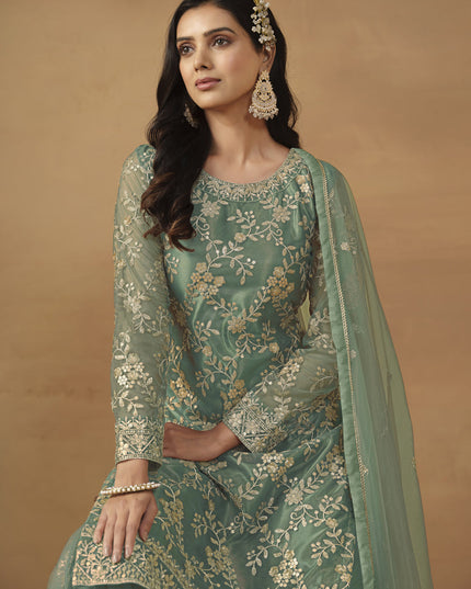 Sea Green Net Embroidered Sharara Kameez Suit