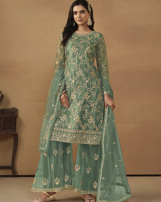 Sea Green Net Embroidered Sharara Kameez Suit