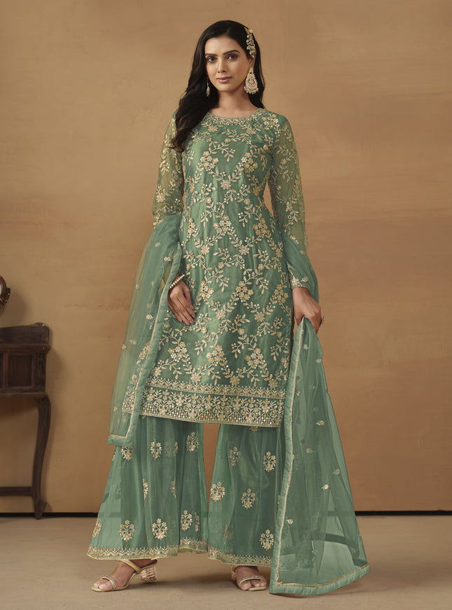 Sea Green Net Embroidered Sharara Kameez Suit