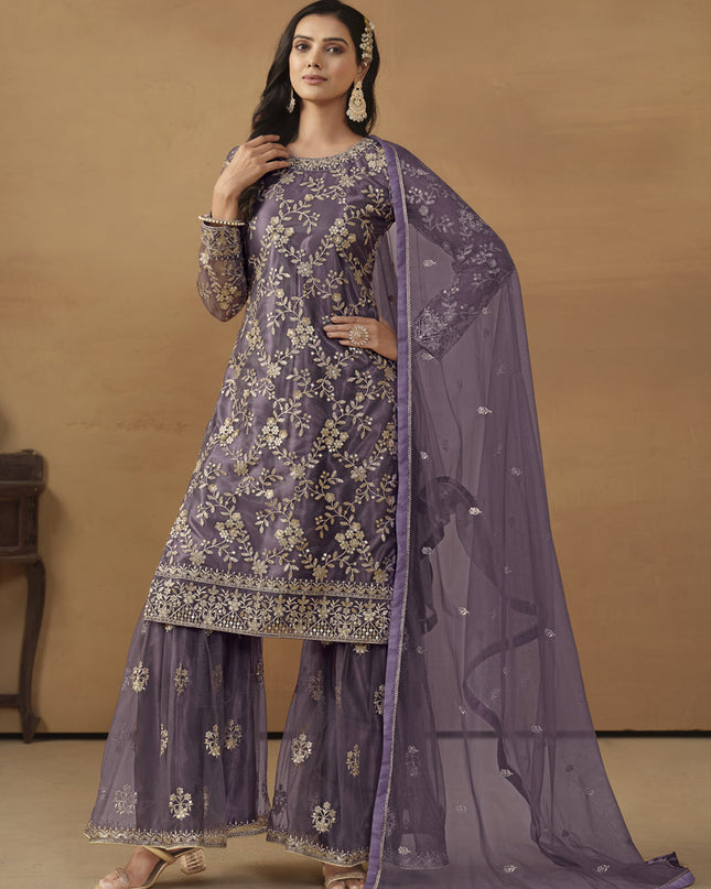 Dusty Purple Net Embroidered Sharara Kameez Suit