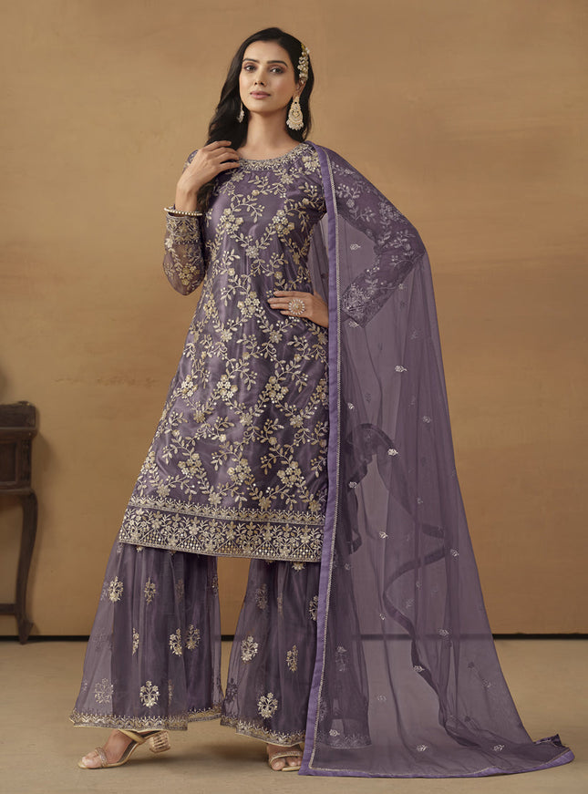 Dusty Purple Net Embroidered Sharara Kameez Suit
