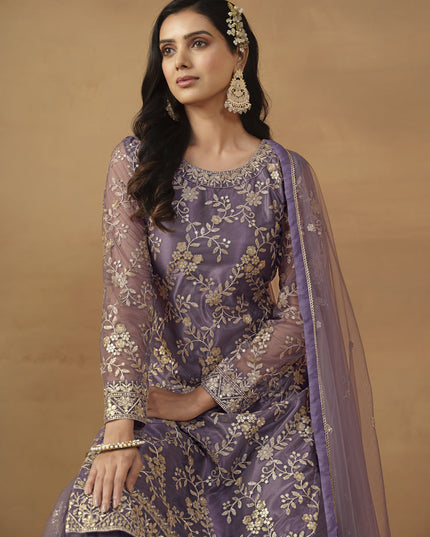 Dusty Purple Net Embroidered Sharara Kameez Suit