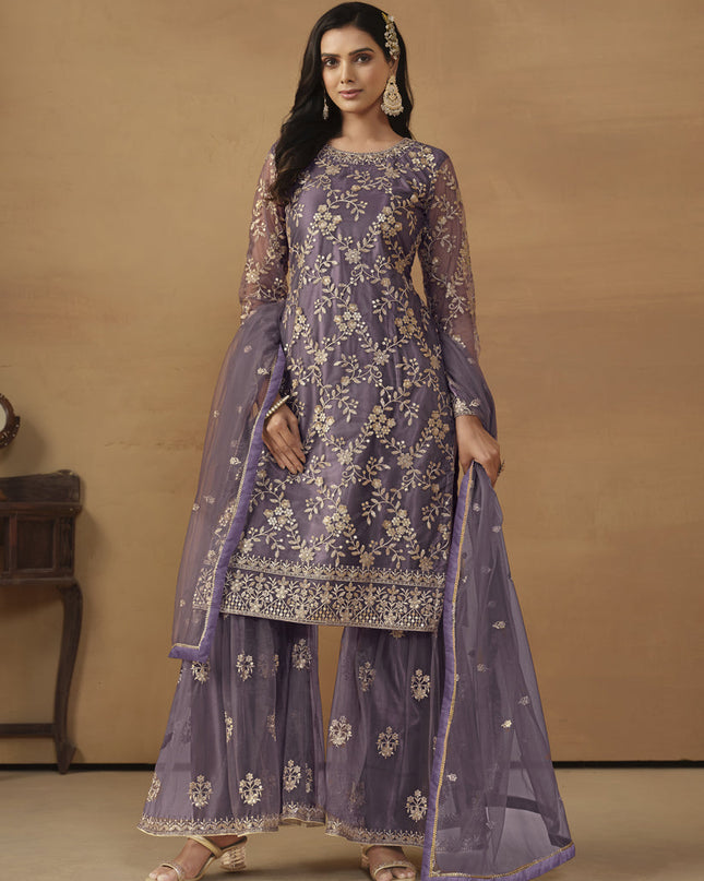 Dusty Purple Net Embroidered Sharara Kameez Suit