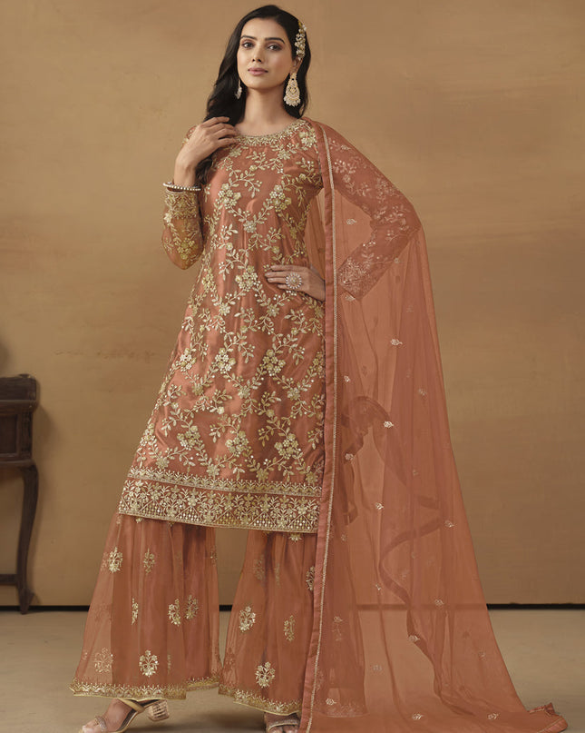 Tangerine Net Embroidered Sharara Kameez Suit