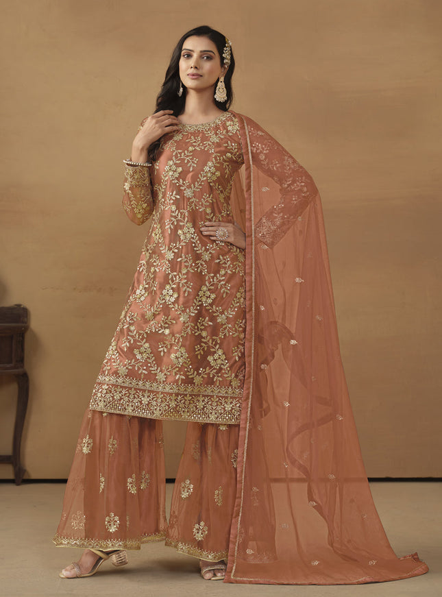 Tangerine Net Embroidered Sharara Kameez Suit